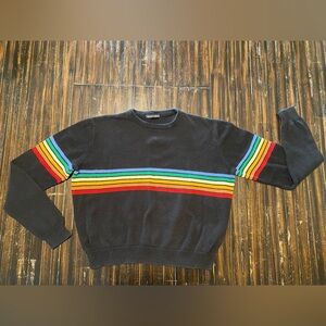 Brandy Melville Black Knitted Crop-Sweater with Rainbow Stripes
